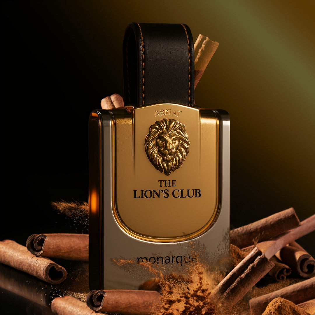 Armaf The Lion's Club perfume bottle with cinnamon sticks on a dark background