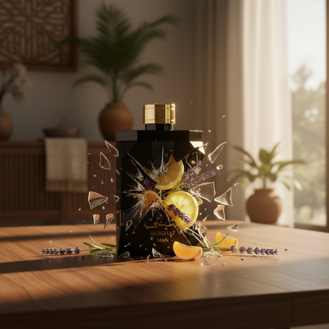 Shaghaf Man Lattafa Perfume bottle with floral elements on a wooden table in a softly lit room.
