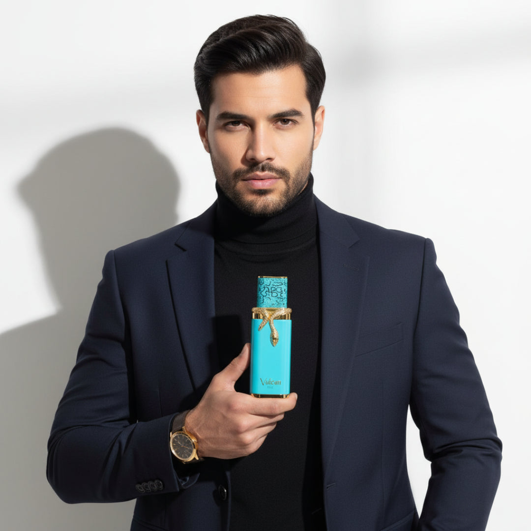 Lelaki Malaysia memegang Vulcan Feu, gaya yakin maskulin