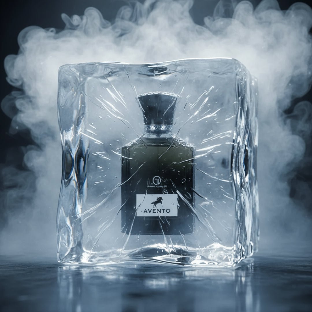 Avento perfume bottle and packaging on a blue background