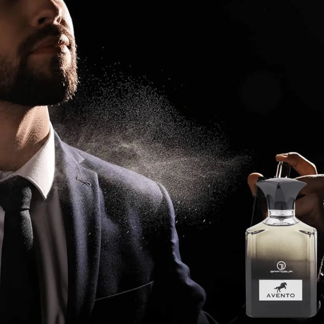 Man spraying a cologne with a bottle labeled 'Avento' in the foreground.