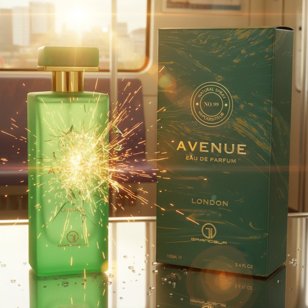 Avenue London EDP 100ml perfume by Grandeur &ndash; bottle and box front view &ndash; original Malaysia. Minyak wangi Avenue London 100ml botol dan kotak.