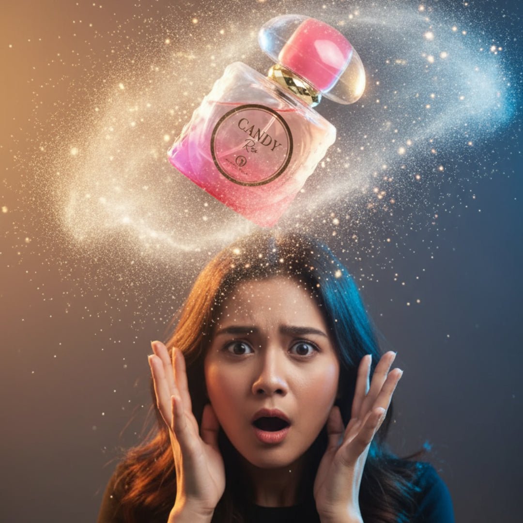 Perfume bottle with pink cap and gradient design on a white background