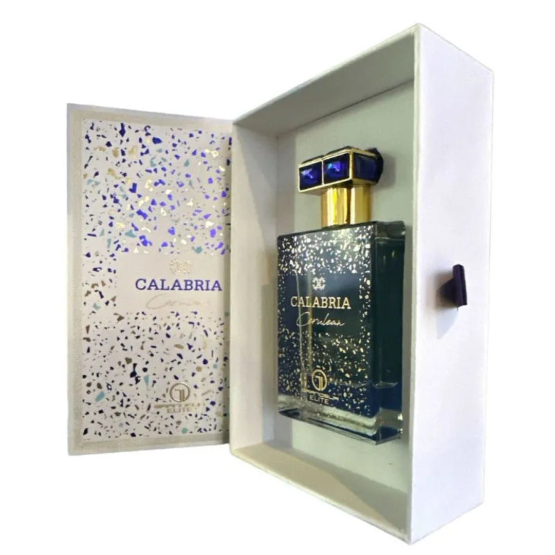 Perfume bottle with 'Calabria' packaging in a white box on a white background