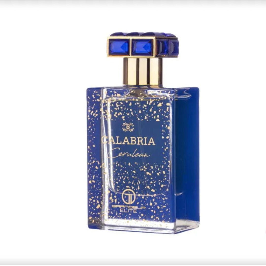 Perfume bottle with blue and gold design on a white background, featuring the brand 'Parfumo'.