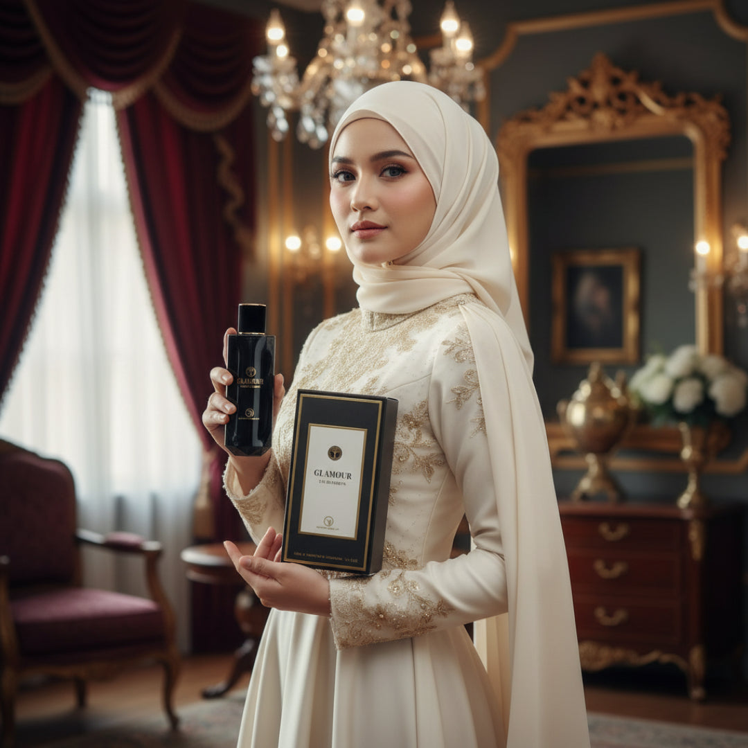 Wanita berhijab Malaysia memegang Glamour Woman, gaya feminin mewah