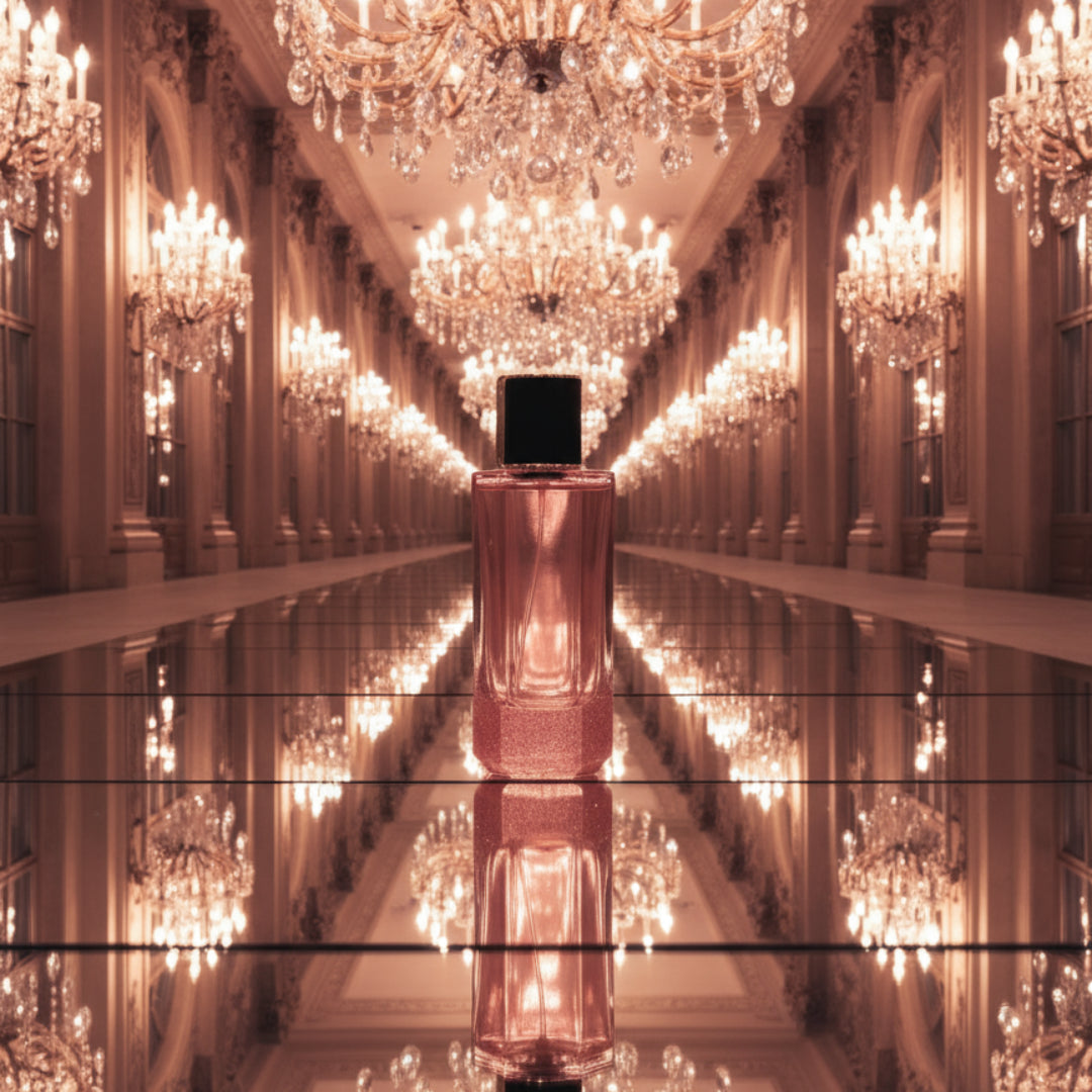Glitz &amp; Glam on mirrored ballroom floor with endless chandelier reflections; bottle and box clearly visible.