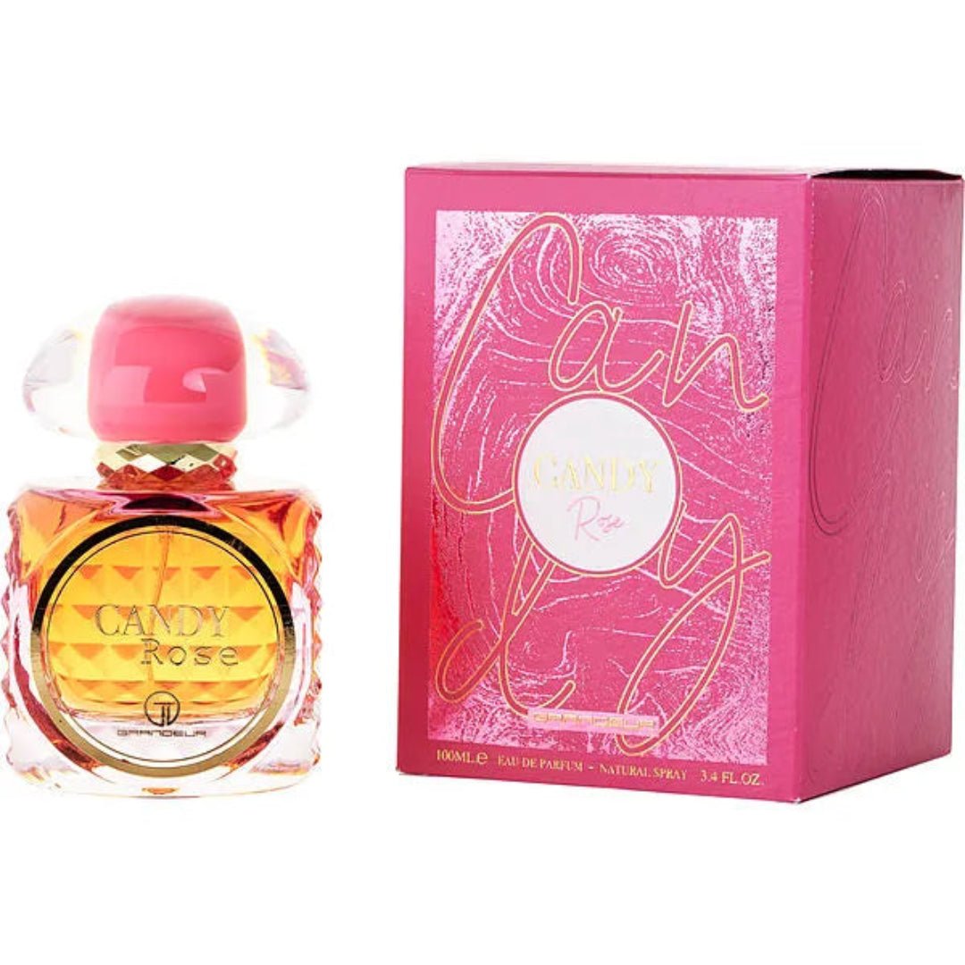 Perfume bottle and packaging with pink and yellow design on a white background