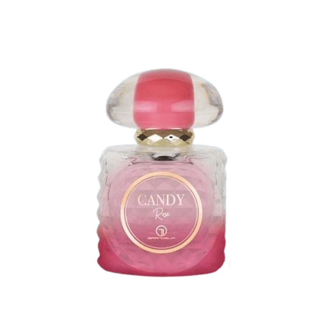 Pink perfume bottle with a mushroom-shaped cap on a white background