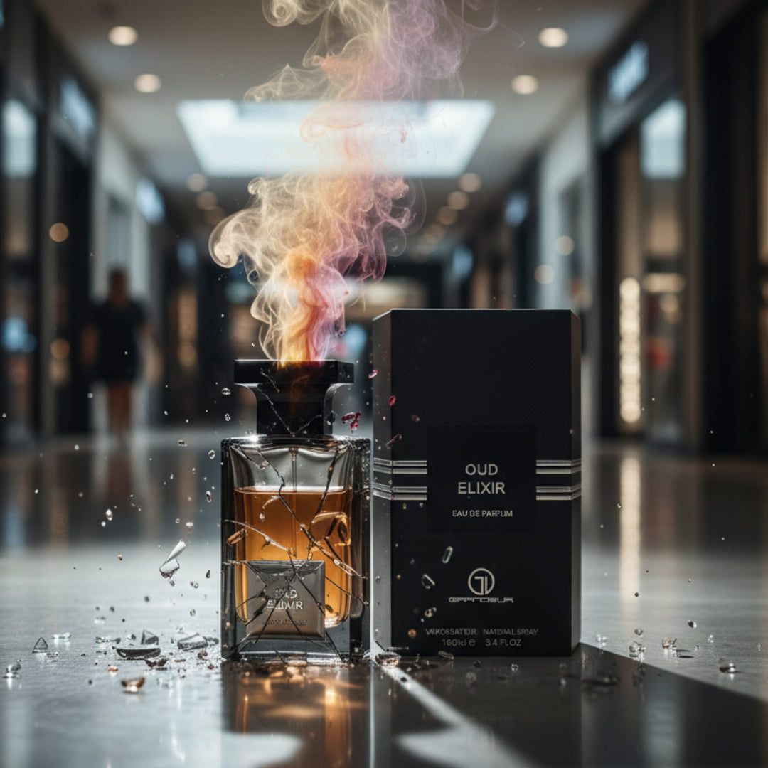 Oud Elixir perfume bottle and packaging with smoke effect on a reflective surface.