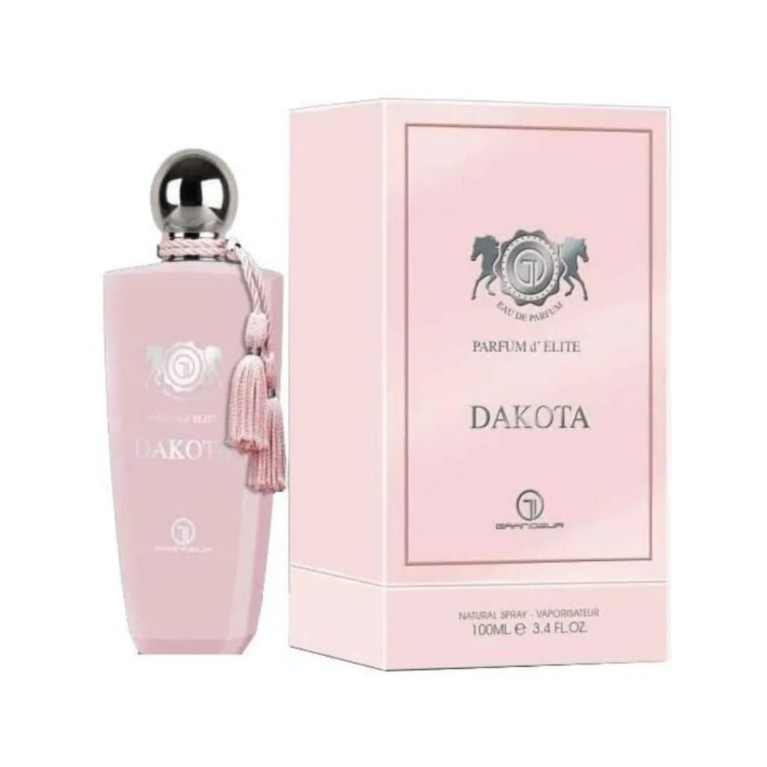 Pink Dakota perfume bottle and packaging on a white background