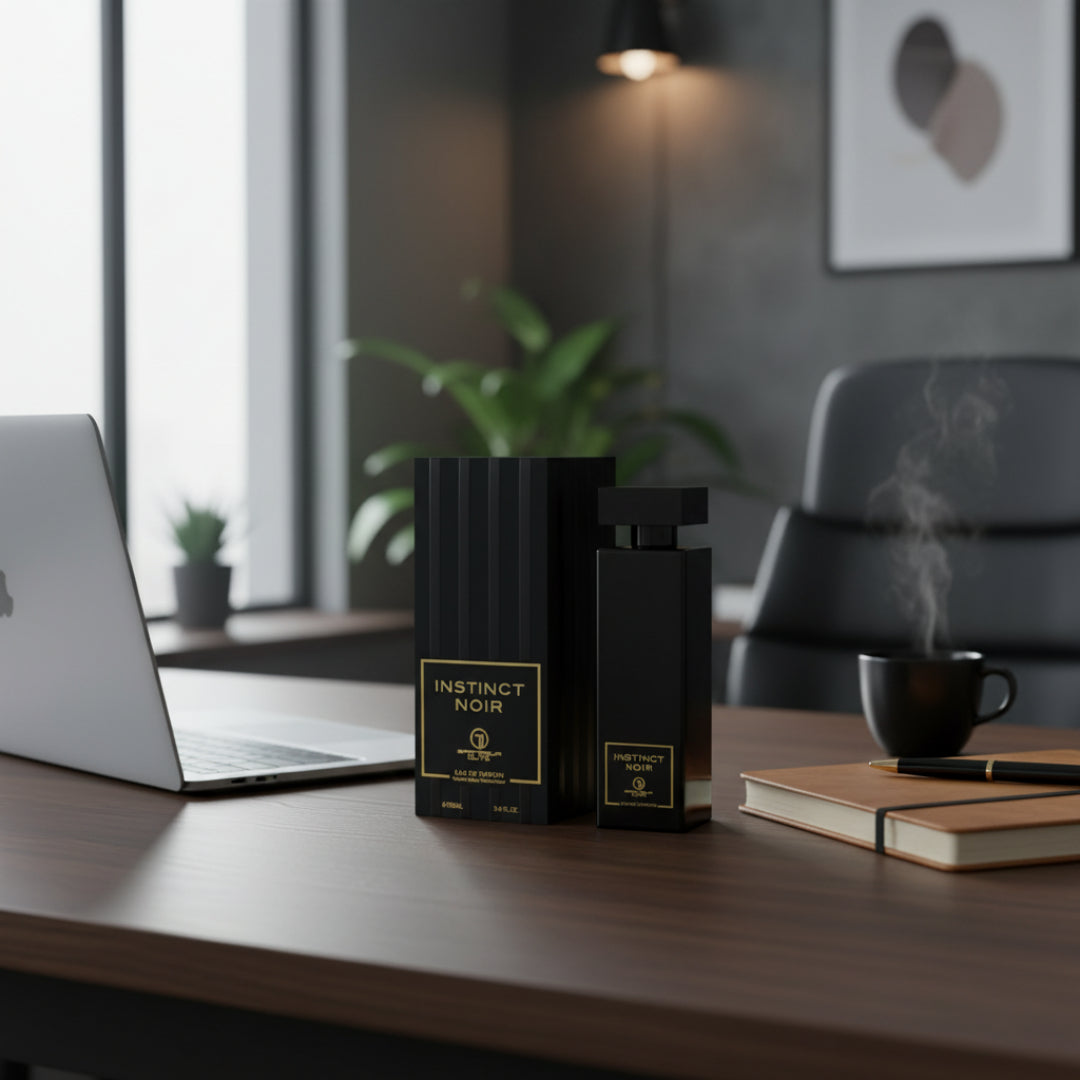 Instinct Noir di meja kerja lelaki &ndash; perfume harian maskulin Malaysia”