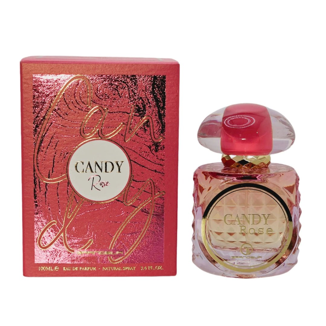 Candy Rose perfume bottle and packaging on a white background