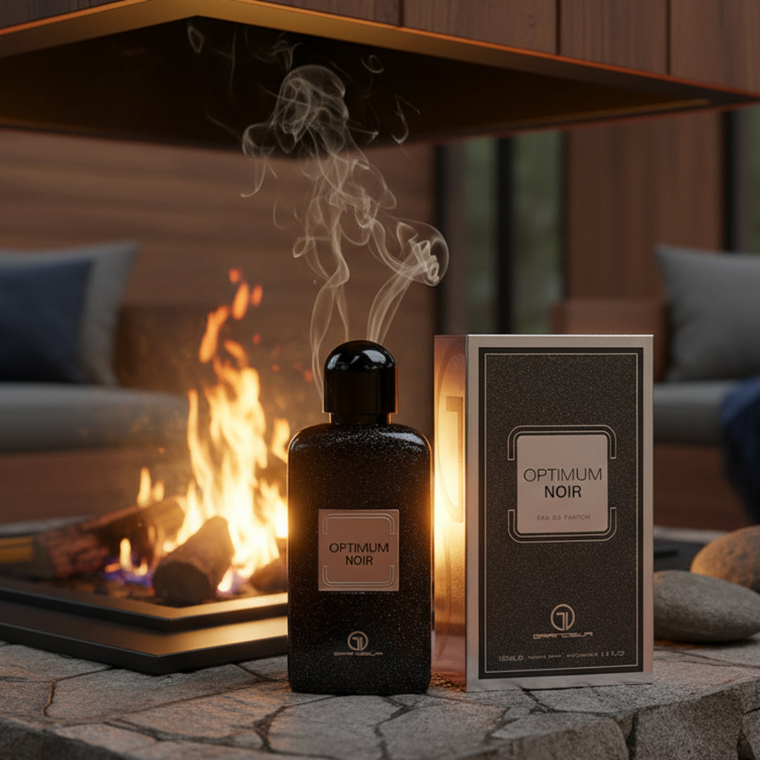Optimum Noir on a chalet hearth with warm fire glow and vanilla smoke; Malaysian lounge; bottle and box clearly visible.