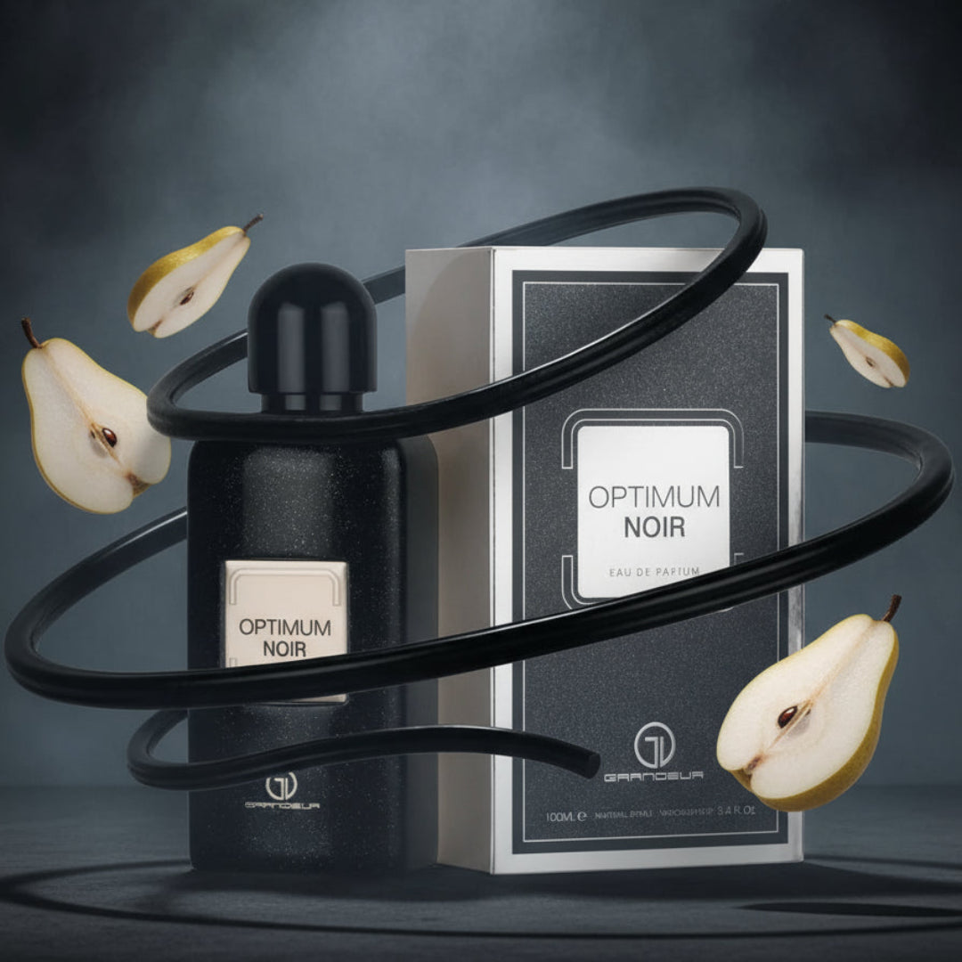 Optimum Noir with floating licorice ribbons and orbiting pear slices in a surreal dark studio; clear bottle and box.