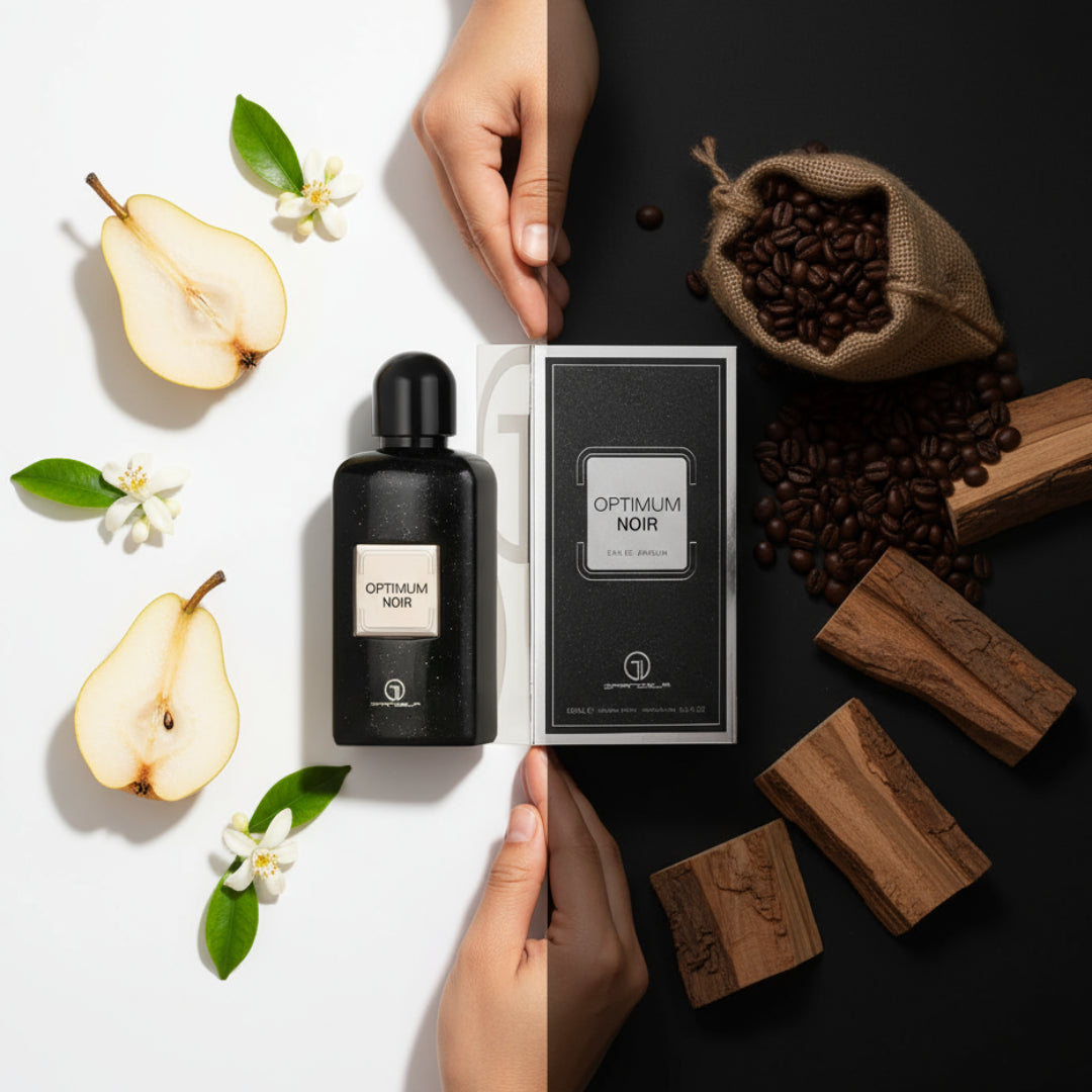 Optimum Noir centered in a split-tone scene: bright pear/orange blossom vs dark coffee/cedar; Malaysian model hands; clear product.