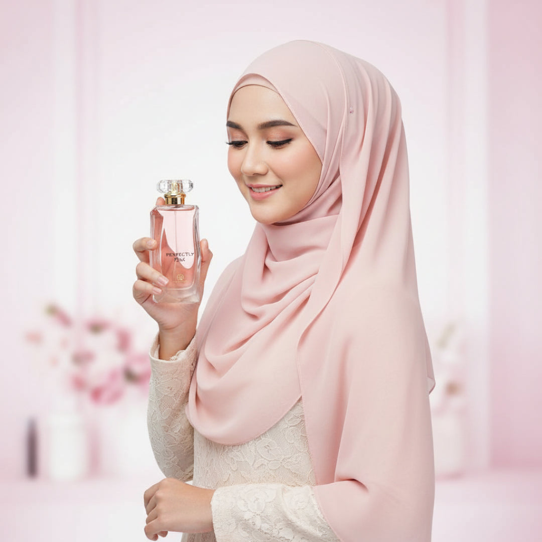 wanita berhijab malaysia pegang perfectly pink feminine sweet