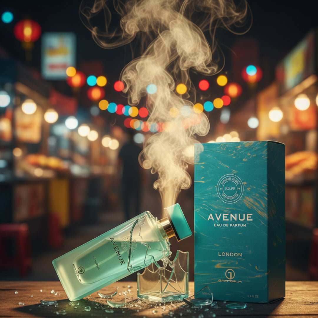 Avenue London EDP 100ml perfume by Grandeur &ndash; bottle and box front view &ndash; original Malaysia. Minyak wangi Avenue London 100ml botol dan kotak.