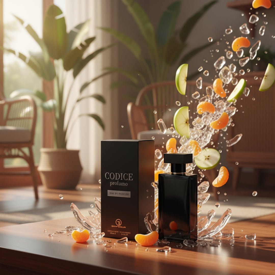 Black box with 'CODICE profumo' branding on a white background