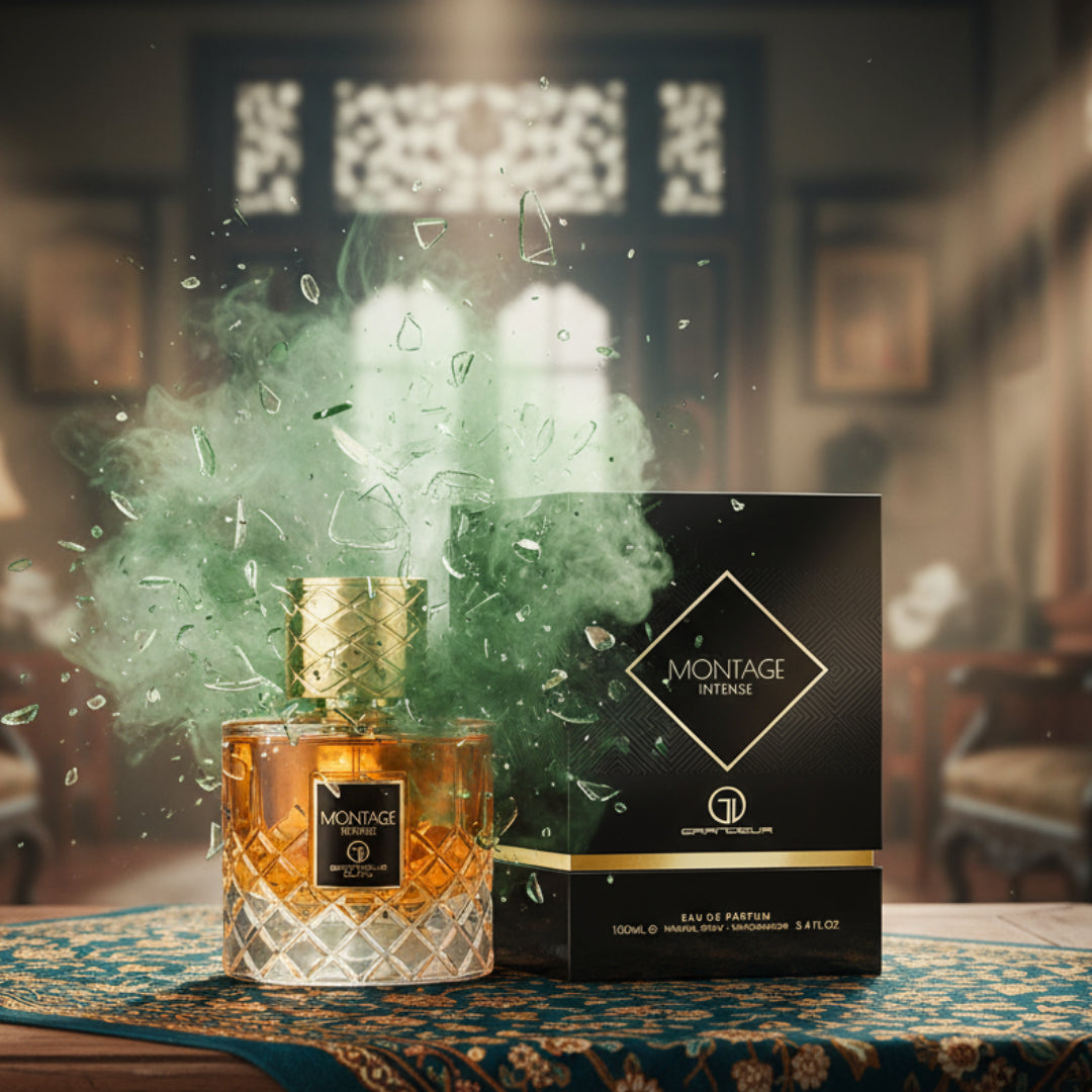 Perfume bottle broken, green orchid mist emerging; heritage house with batik table Malaysia &mdash; clear bottle and box, cinematic lighting.