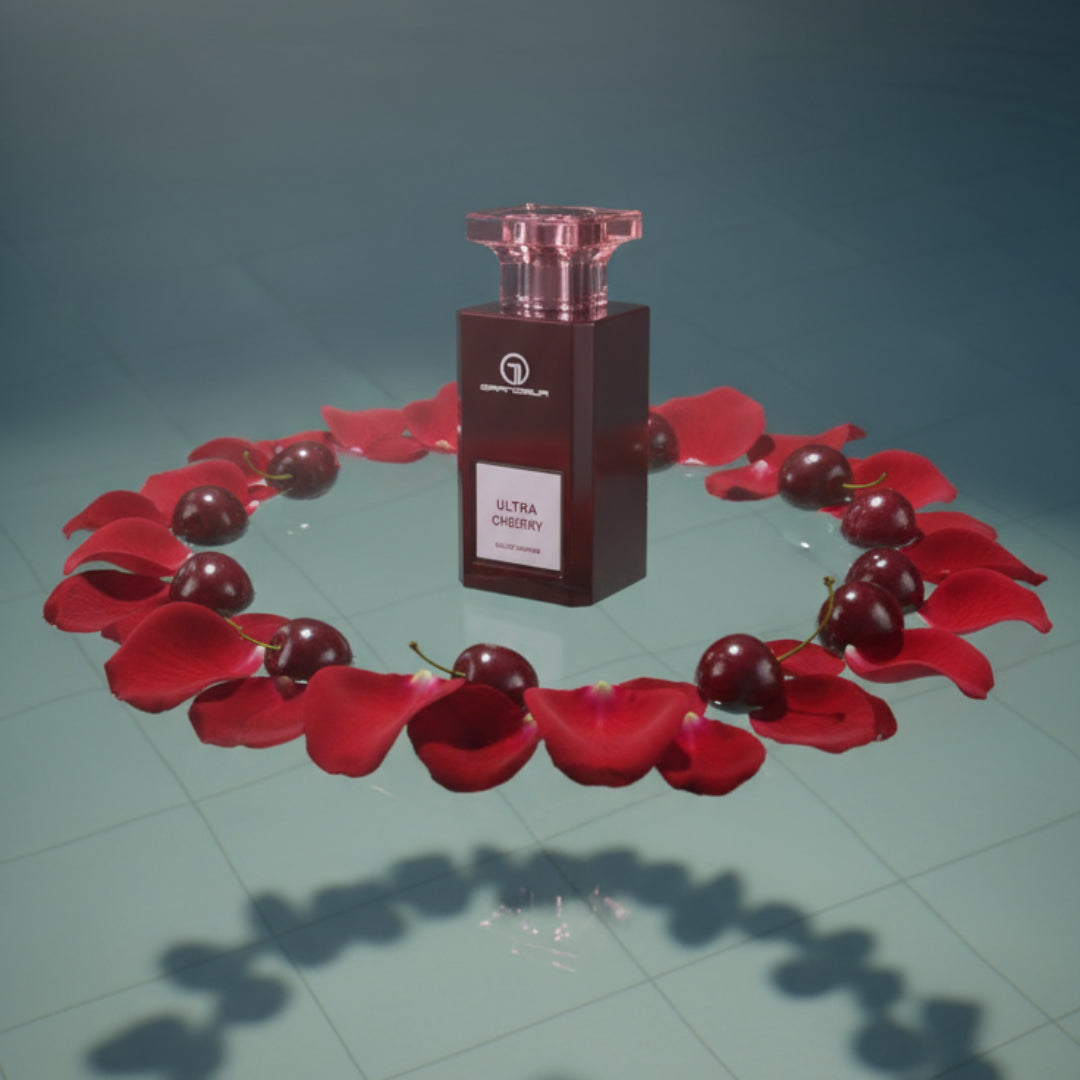 Ultra Cherry floating on indoor pool with a ring of rose petals and cherries; sandalwood shadows; bottle and box clearly visible.