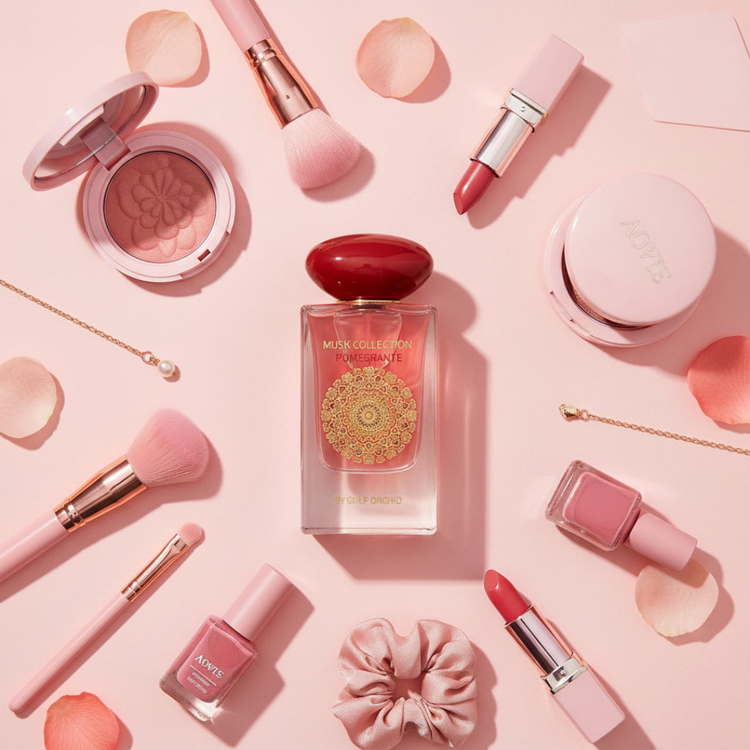 pomegranate musk flatlay makeup pink feminin wanita malaysia