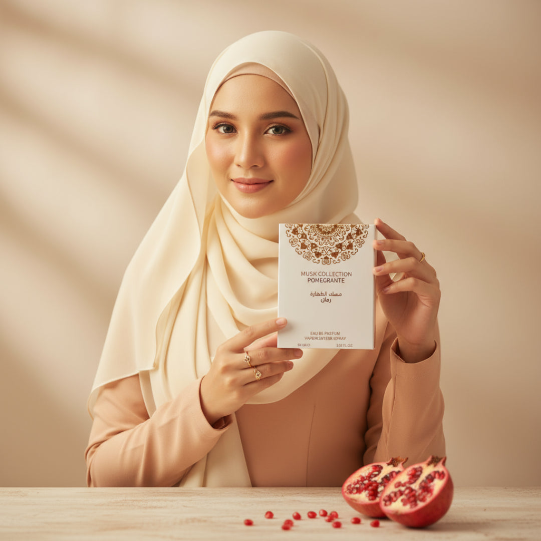 wanita berhijab malaysia pegang pomegranate musk feminin manis