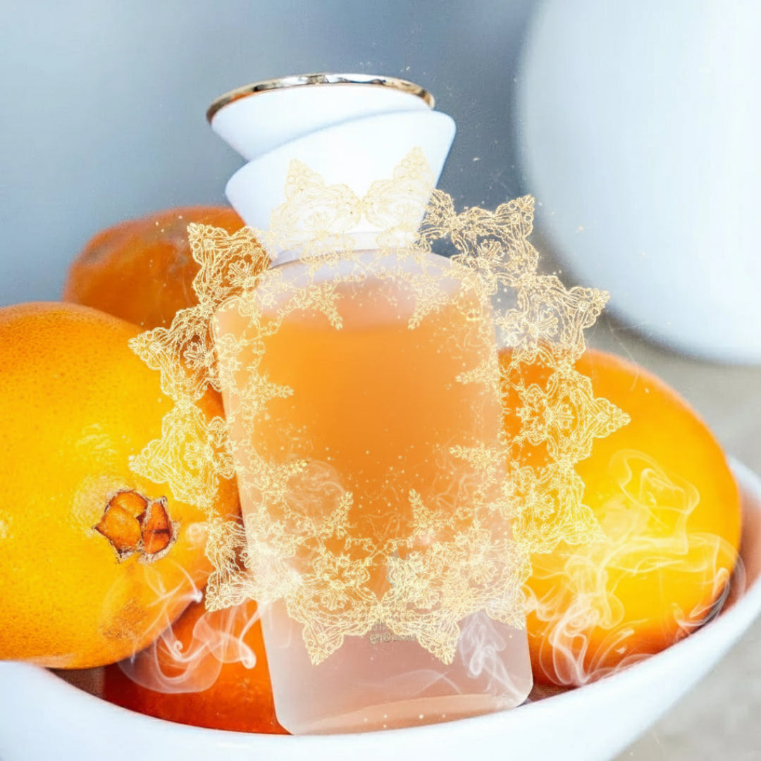 Sham Perfume Woman Gulf Orchid with floating amber lace and soft musk glow; bottle and box perfectly sharp.