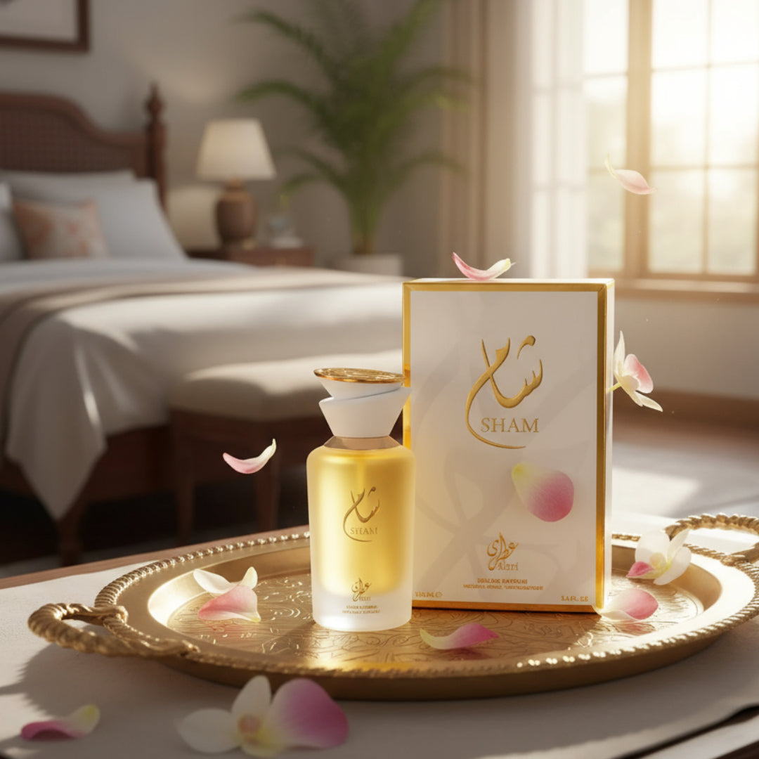 Sham Perfume Woman Gulf Orchid on a vanity tray with drifting orchid petals in Malaysian sunrise; bottle and box clearly visible.