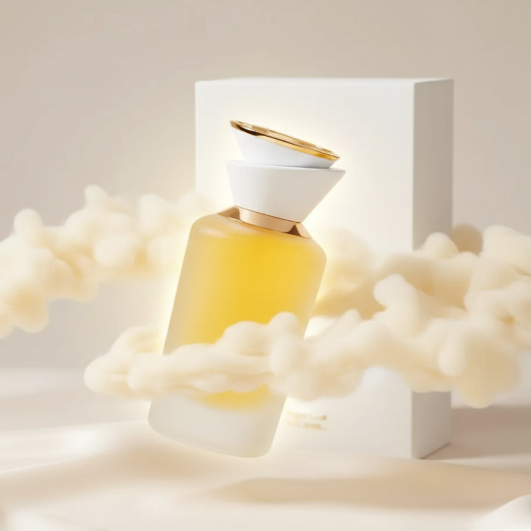 Sham Perfume Woman Gulf Orchid levitating over silk with creamy vanilla ribbons and golden halo; bottle and box sharp.
