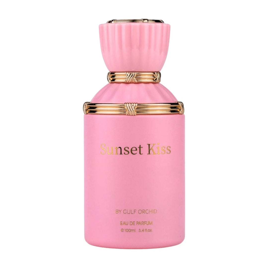 Pink perfume bottle with gold accents labeled 'Sunset Kiss' on a white background