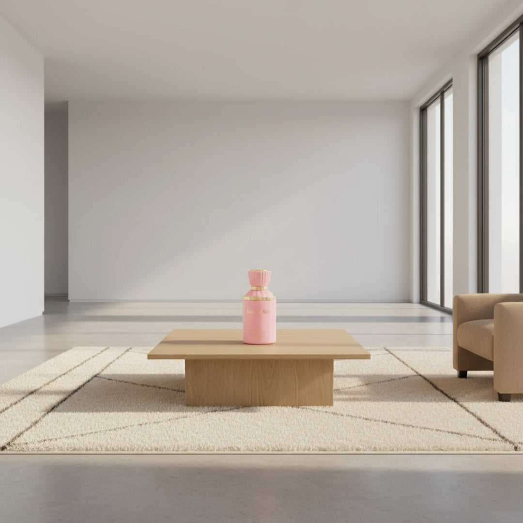 Pink perfume bottle with gold accents on a white background