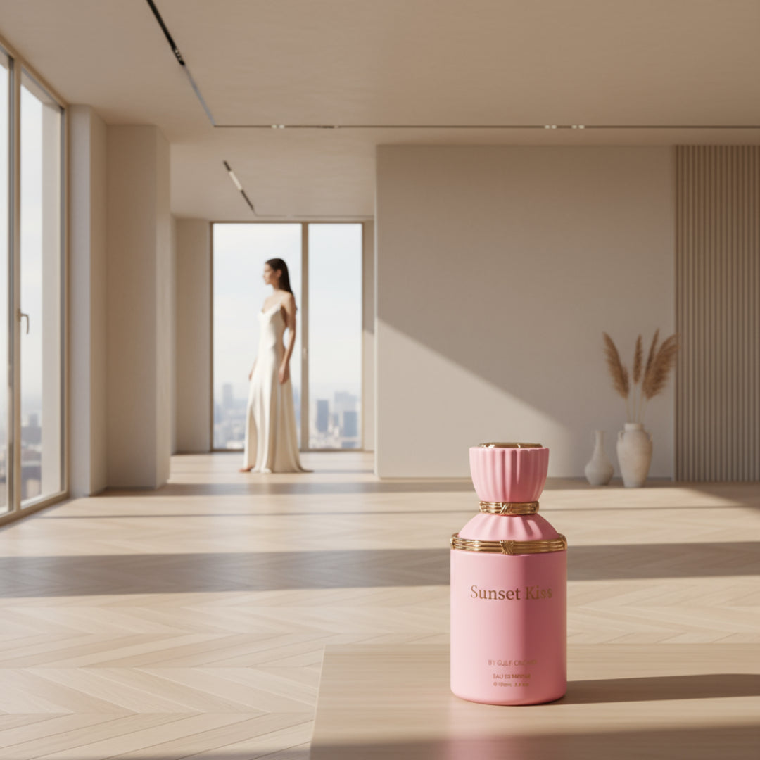 Pink perfume bottle with gold accents labeled 'Sunset Kiss' on a white background