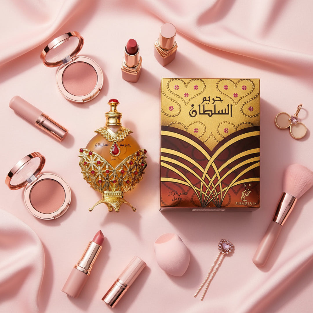 hareem al sultan gold flatlay makeup pink feminin malaysia