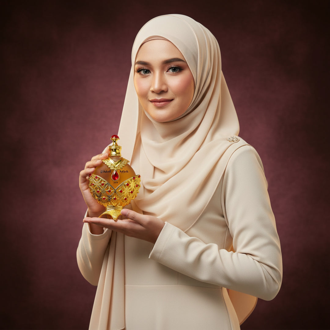 wanita berhijab malaysia pegang hareem al sultan gold feminin