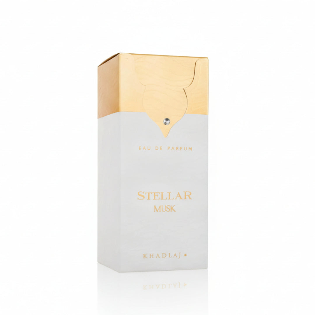 Perfume box labeled 'Stellar Musk' by Khaalair on a white background