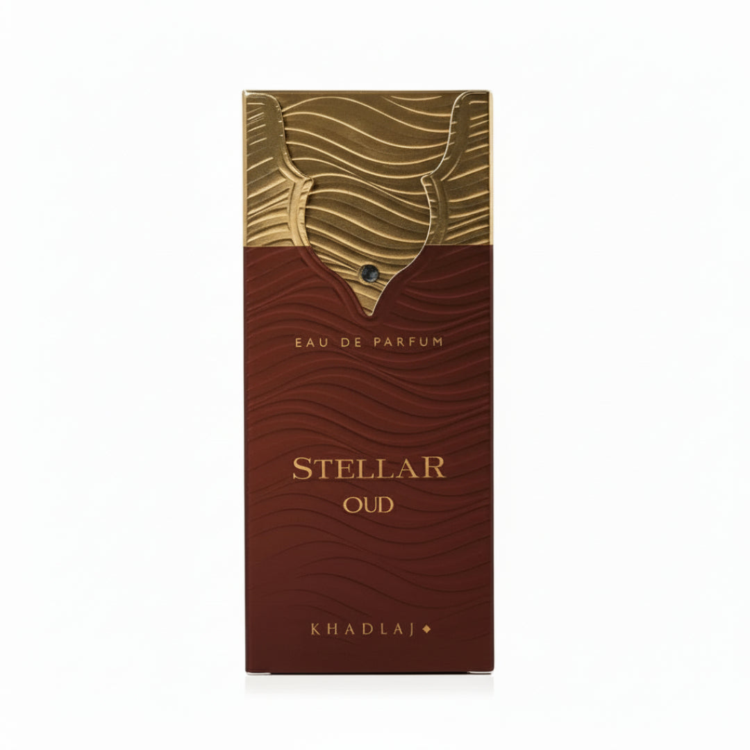 Stellar Oud perfume bottle and packaging on a white background
