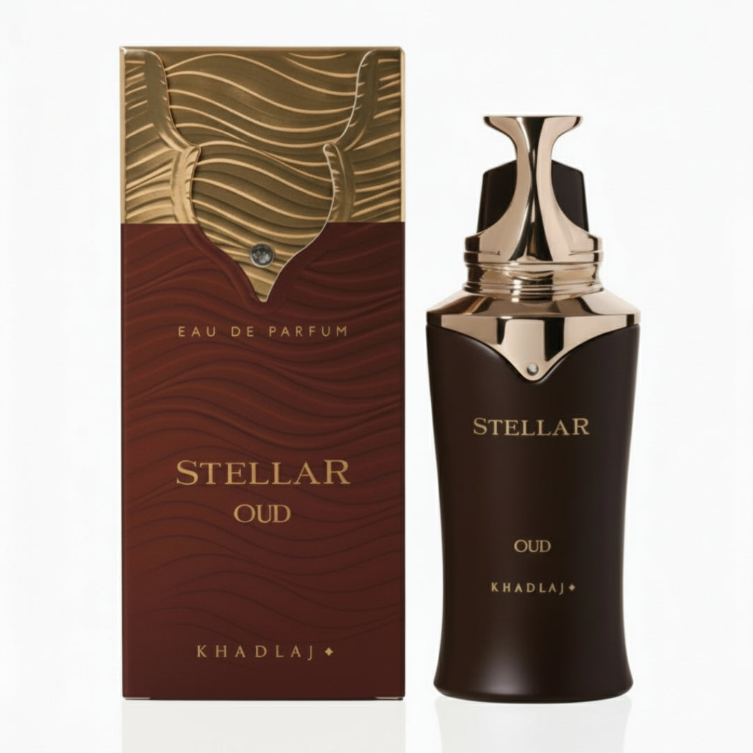 Stellar Oud perfume bottle and packaging on a white background