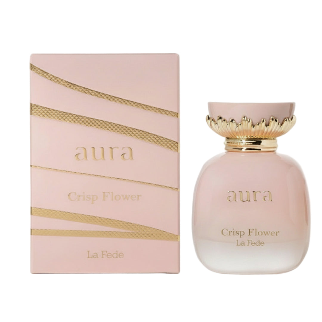 Aura Crisp Flower perfume bottle and packaging on a white background