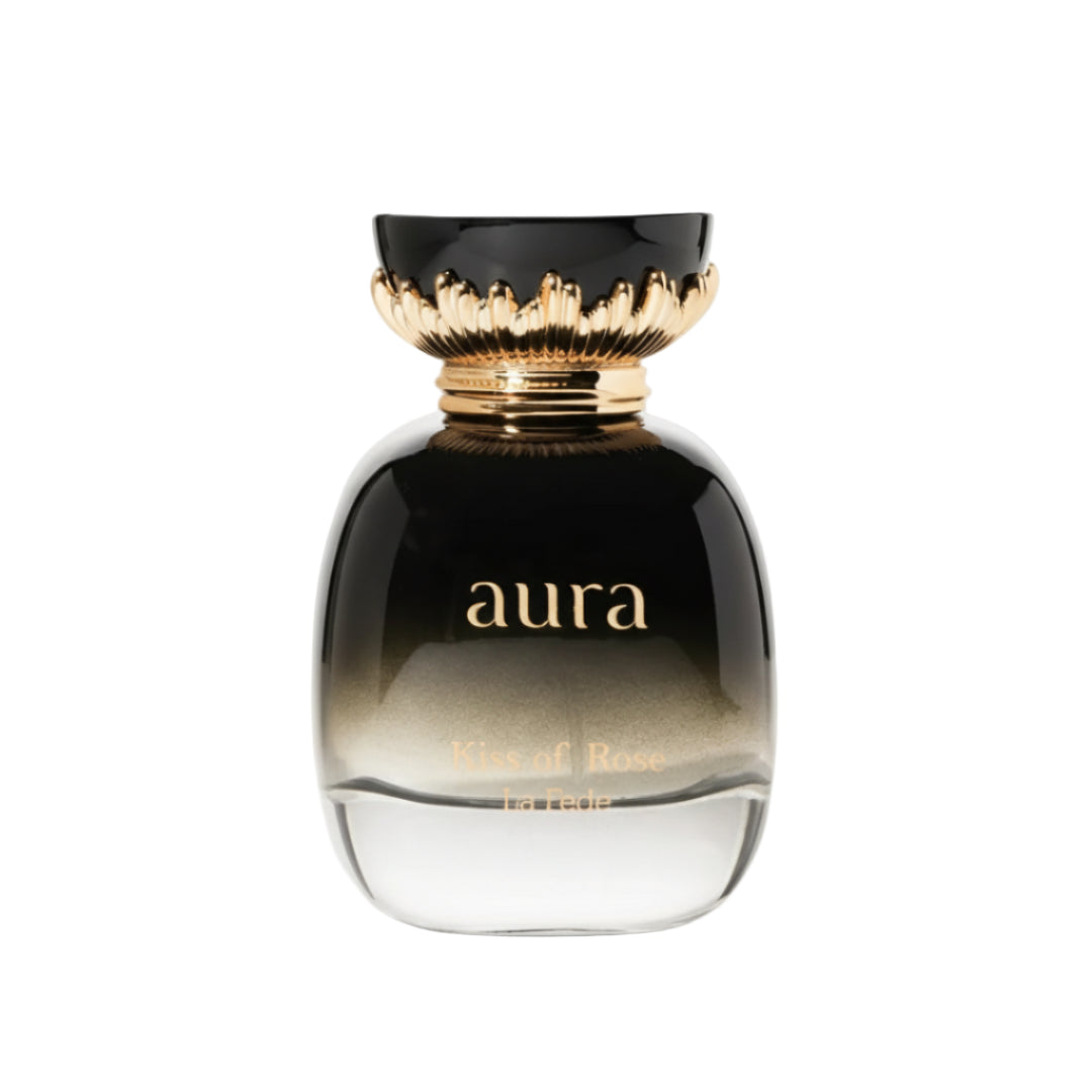 Perfume bottle labeled 'aura' with a black and gold design on a white background