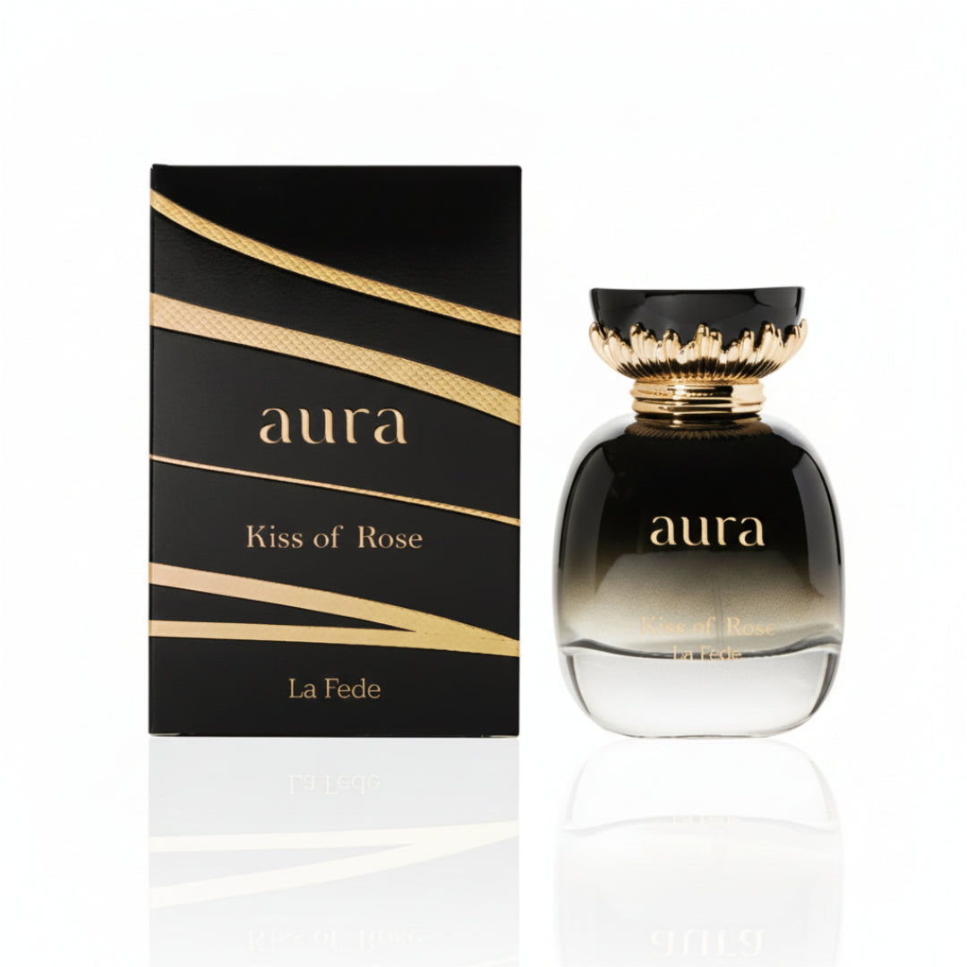 Aura Kiss of Rose perfume bottle and packaging on a white background