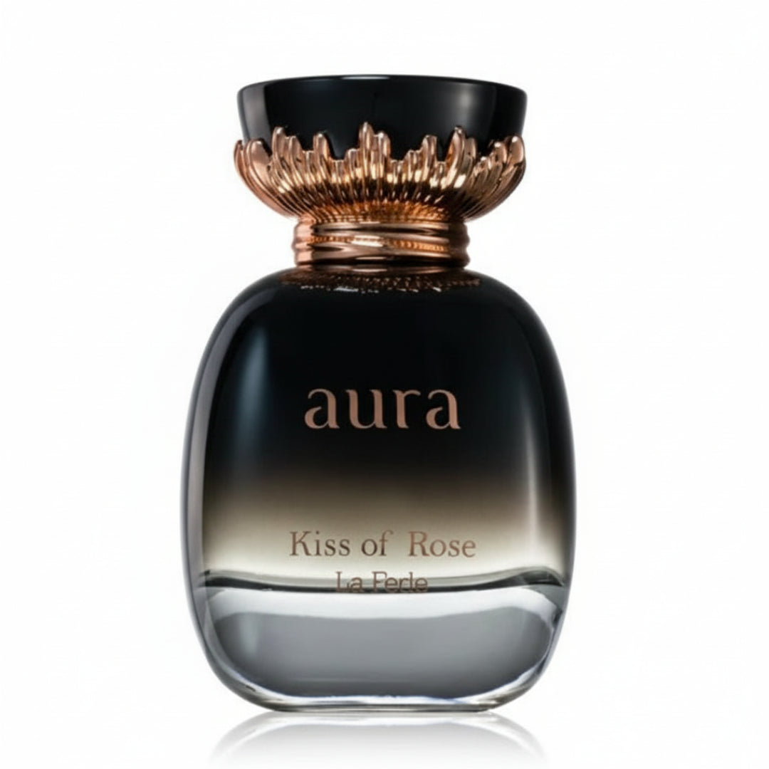 Perfume bottle labeled 'aura Kiss of Rose' with a black and bronze design on a white background