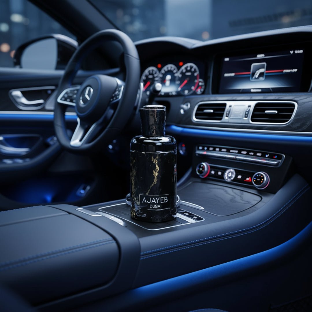 Ajayeb Dubai placed on luxury car dashboard, blue ambient light
