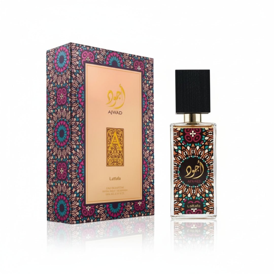 Perfume bottle and packaging with 'Ajwad' branding on a white background