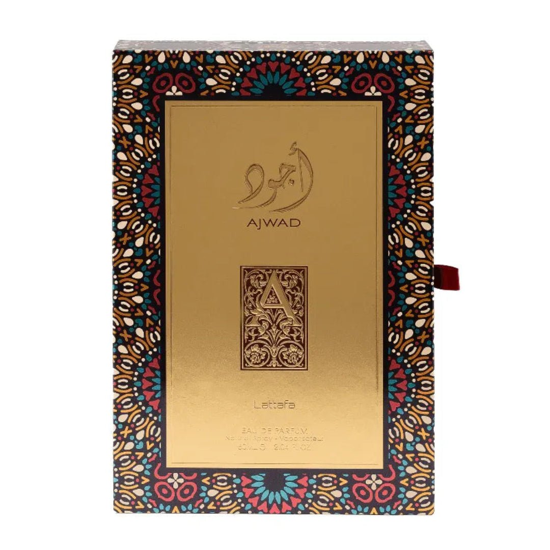 Decorative notebook with gold cover and colorful patterned border, featuring the brand 'Ajwad'.
