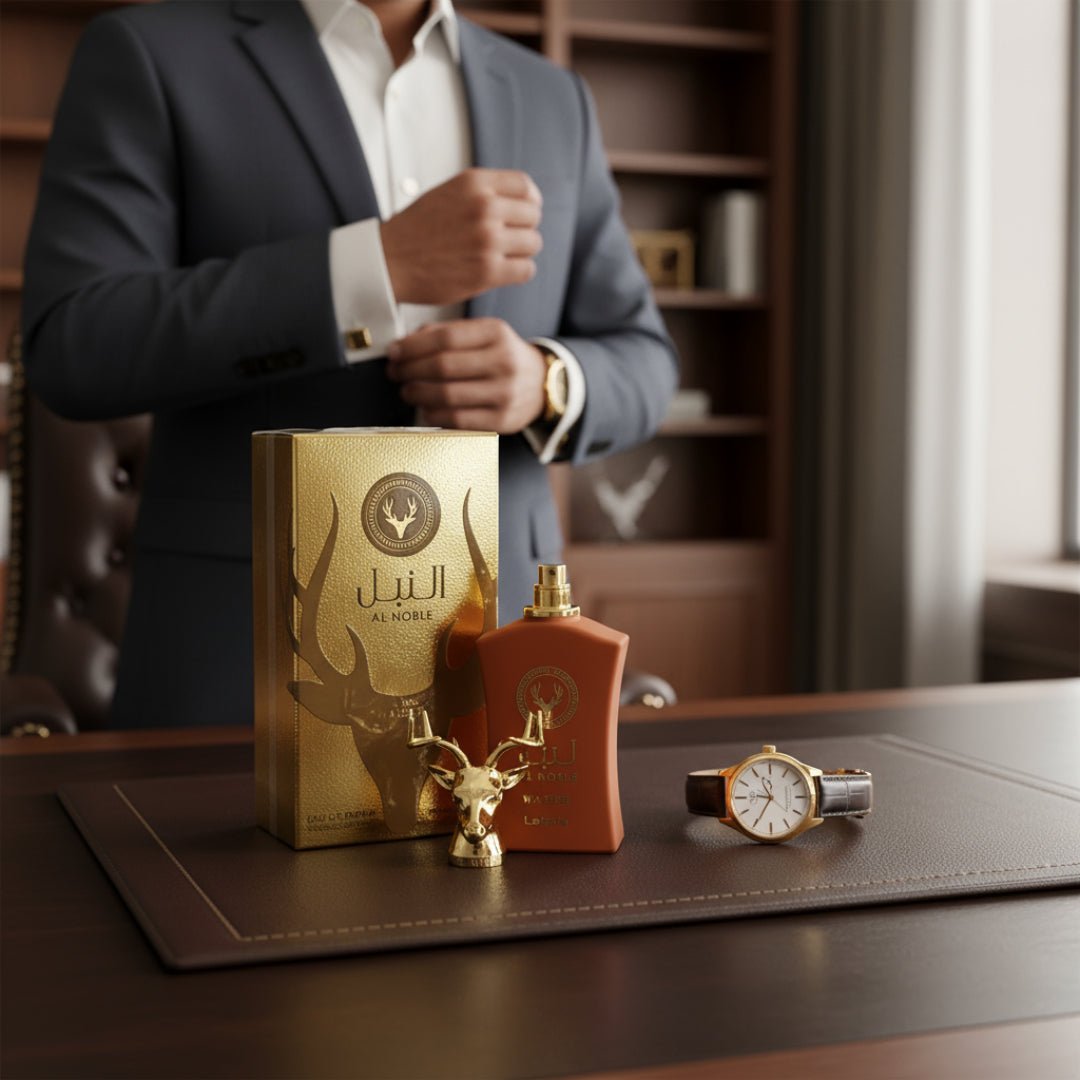 Al Noble Wazeer by Lattafa perfume bottle and box on leather executive desk luxury men scent Malaysia