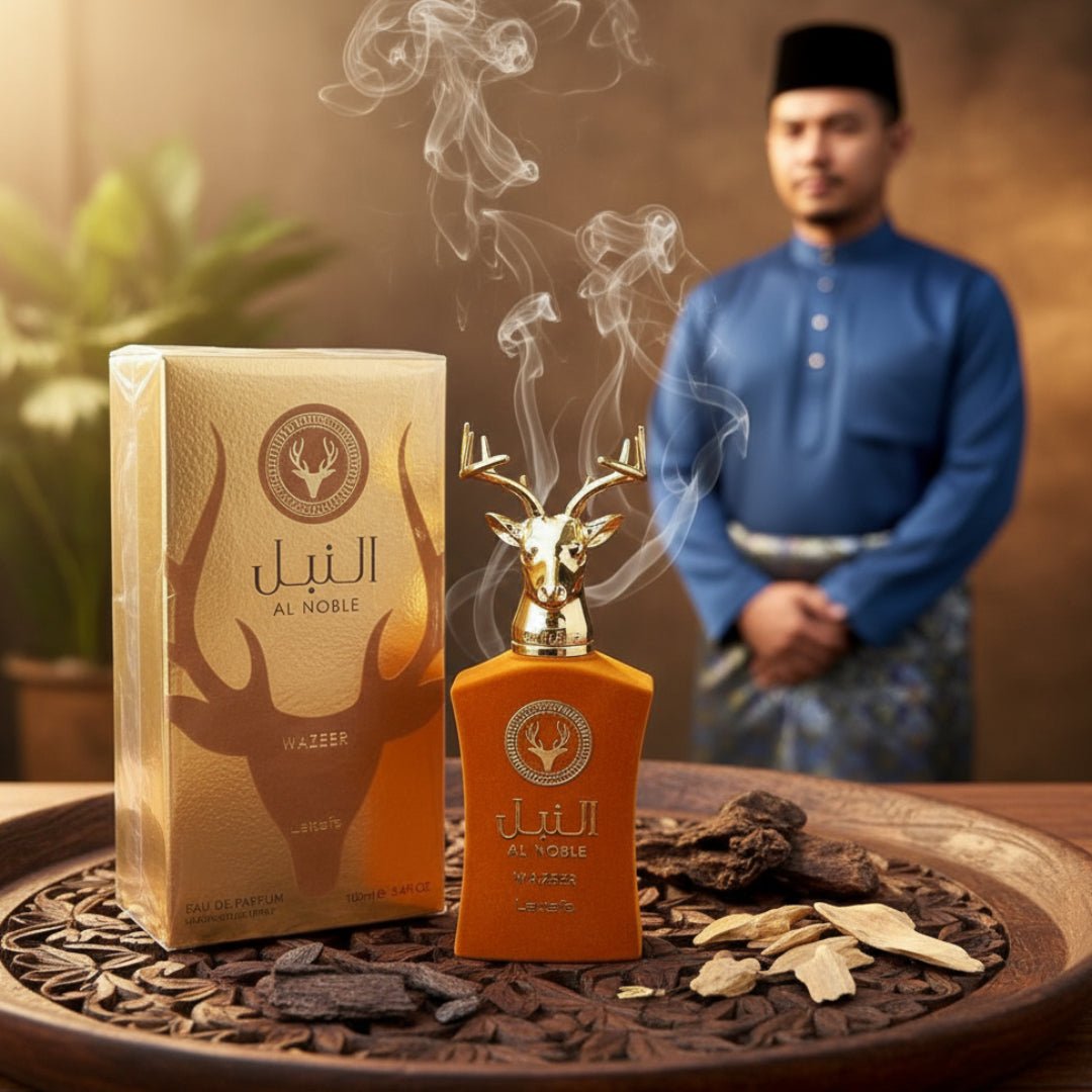 Al Noble Wazeer by Lattafa perfume bottle with oud wood chips smoke heritage men fragrance Malaysia