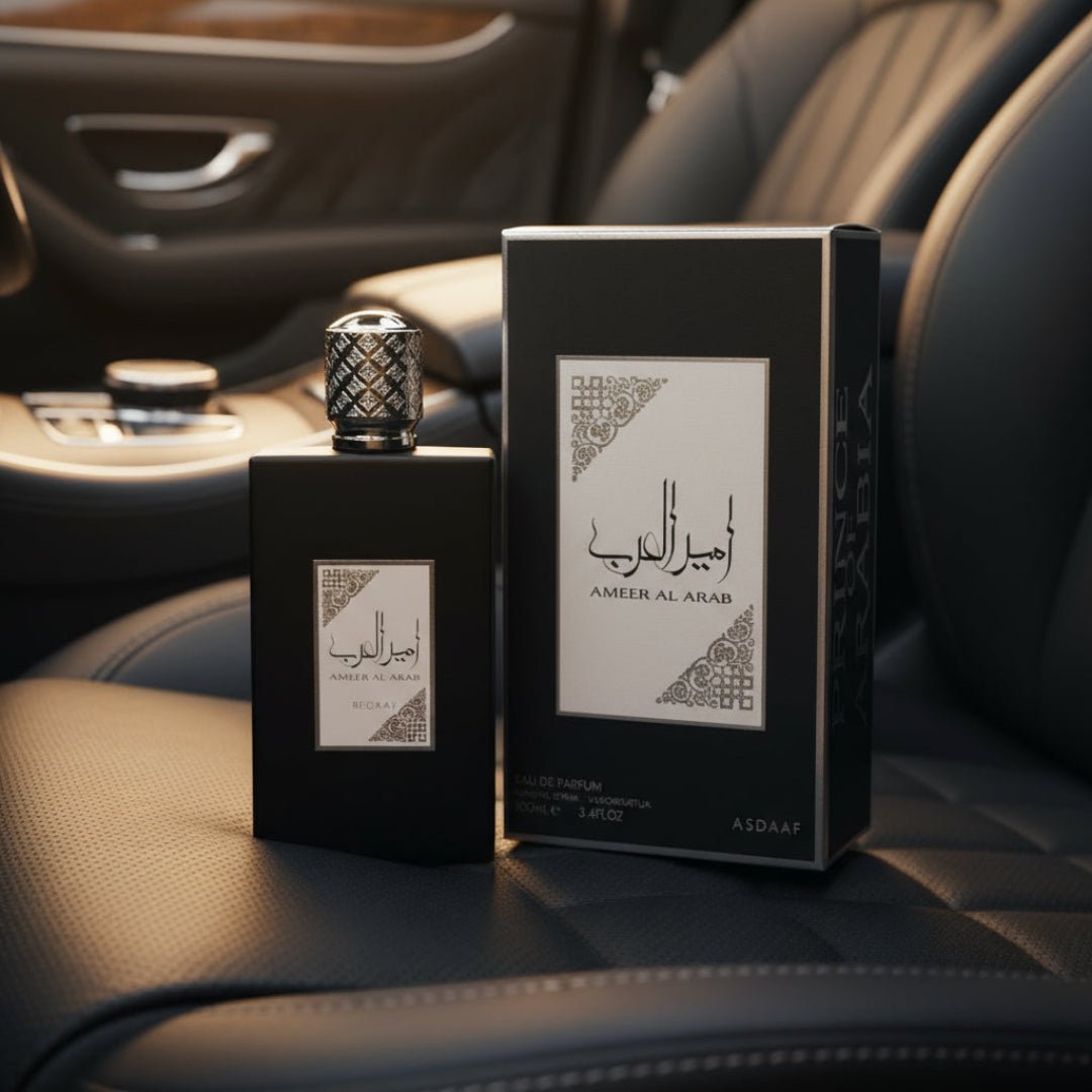 Ameer Al Arab men perfume in luxury black leather car interior gold light malaysia