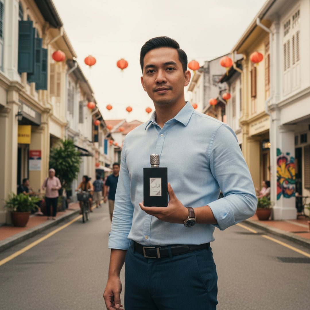 Ameer Al Arab Asdaaf with Malay man at Penang Georgetown heritage street malaysia modern