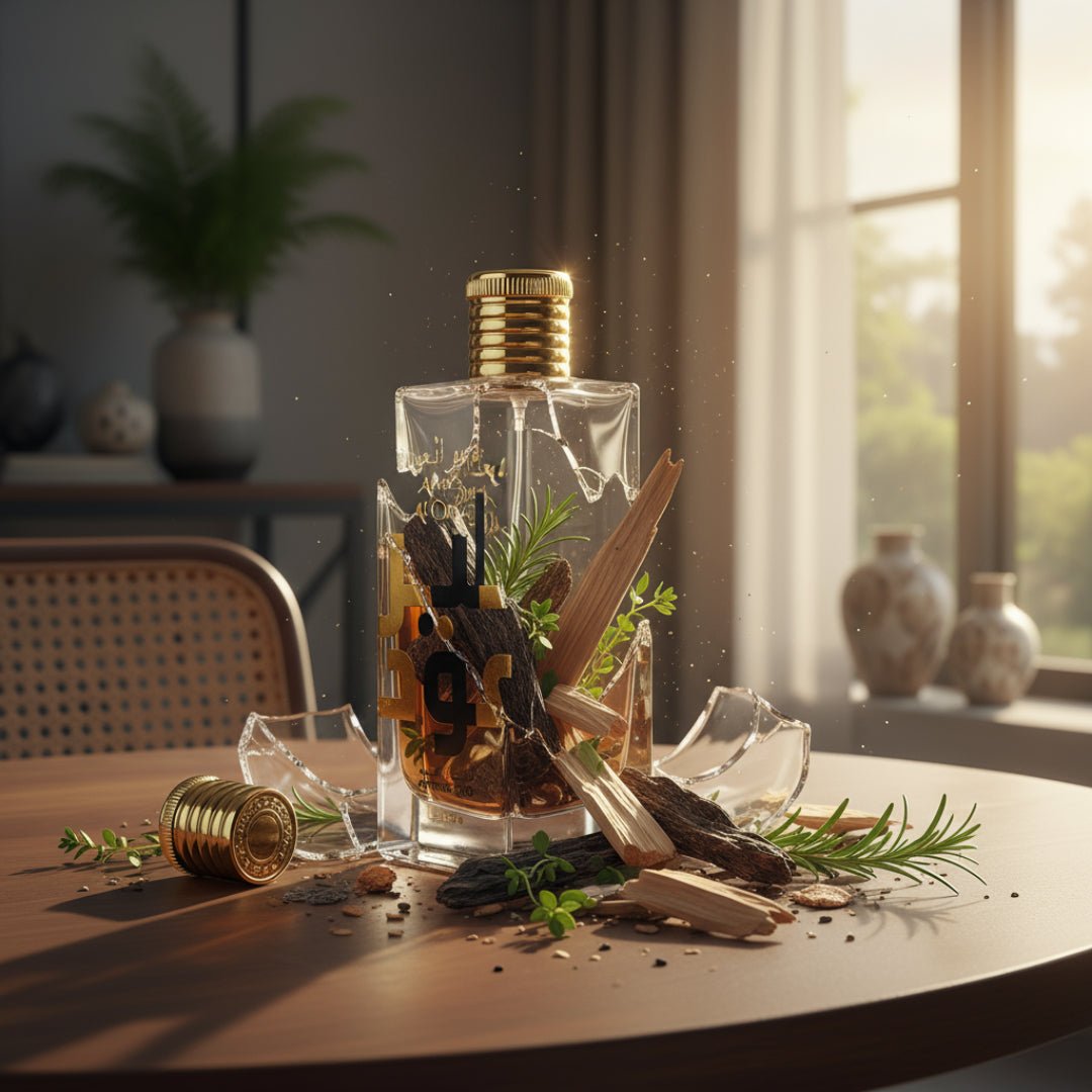 Ameer Al Oudh Intense Lattafa minyak wangi unisex Broken perfume bottle with herbs on a table near a window